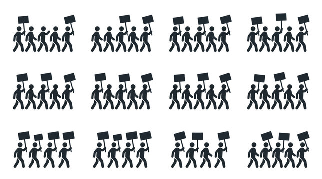 Protest March: Stick Figures with Signs in Formation, Demonstrating Unity and Collective Action