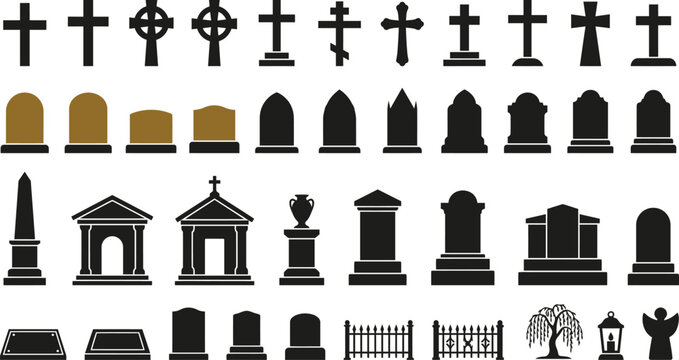  Cemetery Tombstone and Grave Cross Silhouette Icon Set for Memorial Designs