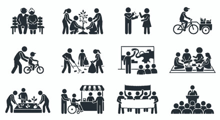 Fototapeta premium Community Icons: People activities, volunteering, social life, education, nature, and events