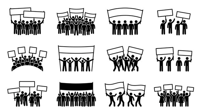 Protest crowd with banners and signs, demonstration, rally, activism, vector icons