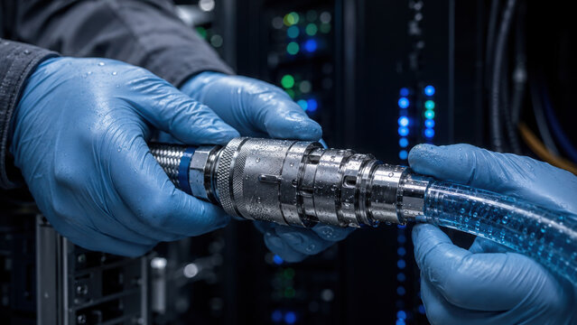 High tech data center features hands connecting water cooling system with precision. cooling system ensures optimal performance and efficiency