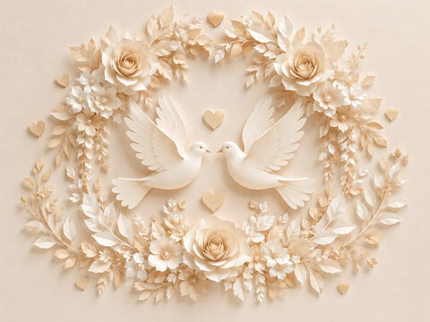 Romantic cream papercut wedding wreath with two white doves, roses, delicate flowers, leaves and small hearts in soft beige tones, ideal for wedding invitations, anniversary designs, love cards, brida
