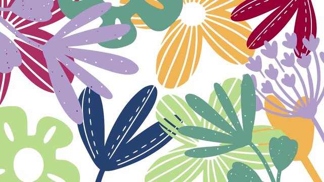 Abstract Floral Pattern Animation Featuring Colorful Hand Drawn Flowers and Leaves