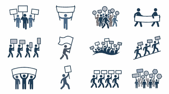 Protest icons, demonstration signs, crowd marching, vector illustration