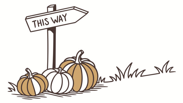 Hand-Drawn Autumn Pumpkin Patch Illustration with Wooden Directional Sign in Rustic Doodle Style