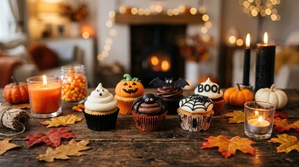 Fototapeta premium Festive halloween cupcakes and decorations cozy autumn scene with pumpkins and candles