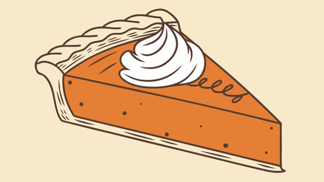 Hand drawn vector illustration of a delicious pumpkin pie slice with cream