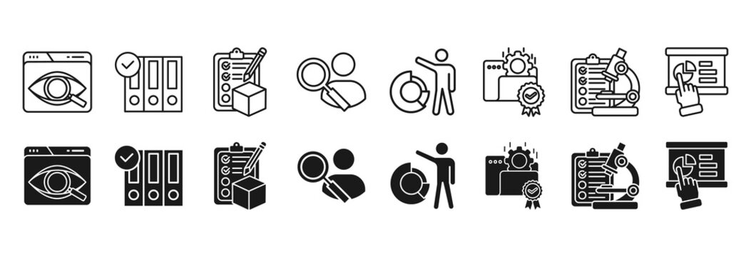 Case study icon set. analyzing, and result symbol