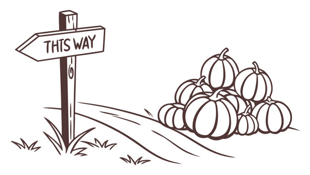 Outline illustration of three pumpkins next to a rustic wooden direction sign in pumpkin patch