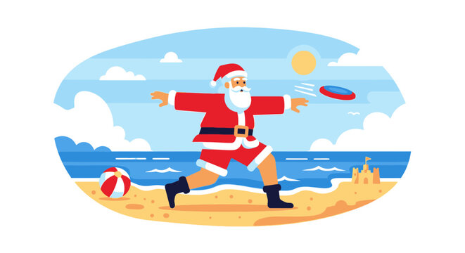 Santa claus playing frisbee on a sunny tropical beach in a flat vector illustration style design