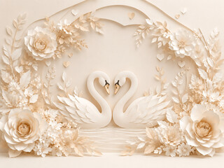 Fototapeta premium Elegant cream papercut swan couple forming a heart shape, surrounded by roses, flowers, leaves and romantic heart details, perfect for wedding invitations, anniversary cards, bridal stationery, love t