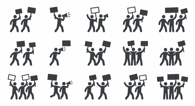 Protest crowd icons: people with signs and megaphones, vector illustration
