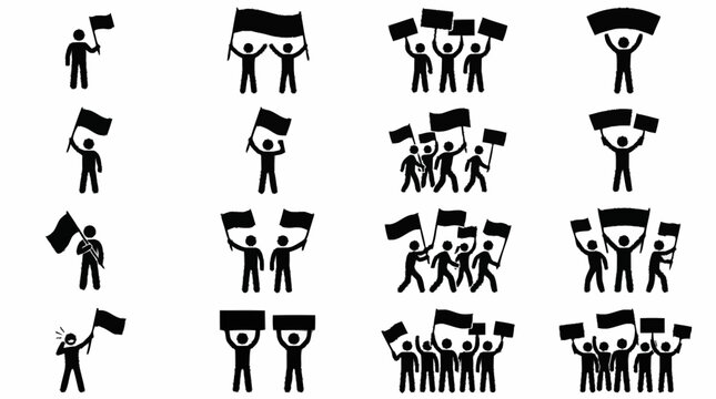 Protestors holding flags, demonstration icons, silhouette crowd with banners, vector graphic.