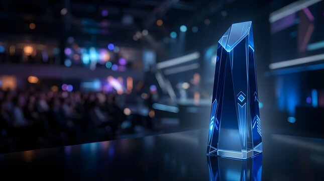 Abstract glowing crystal trophy on stage at a corporate event gala