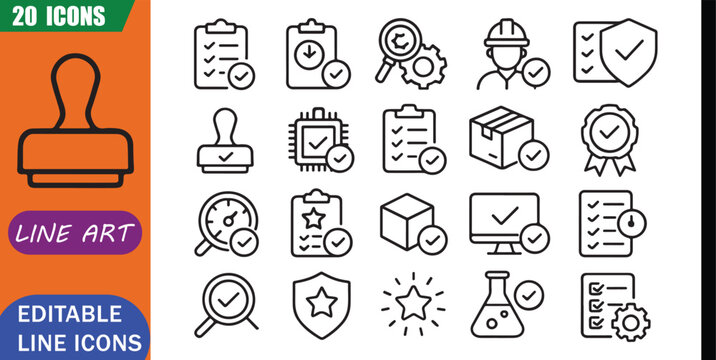 Isolated Product Testing Icons, 20 Editable Line Art Icons Set, inspection, verification, quality evaluation, manufacturing, reliability, performance testing, compliance, simple outline signs