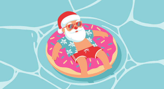 Santa claus relaxing on a pink donut pool float in tropical summer style vector illustration