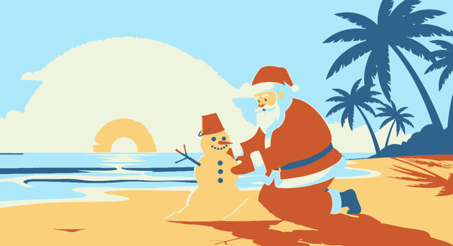 Santa claus building a sandman on a tropical beach during a sunny summer vacation holiday vector illustration