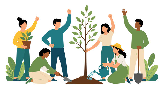 Group of diverse people planting a tree sapling together.