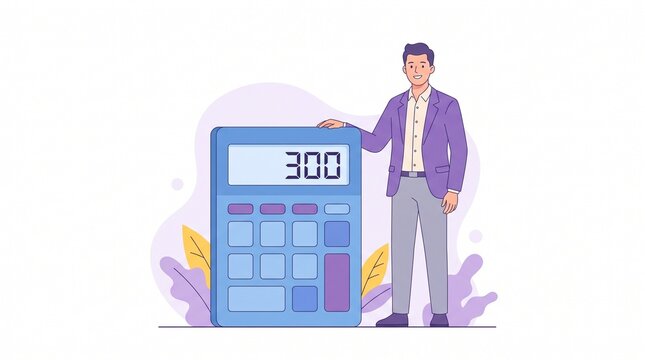 Man Standing Beside A Large Blue Calculator Vector Illustration