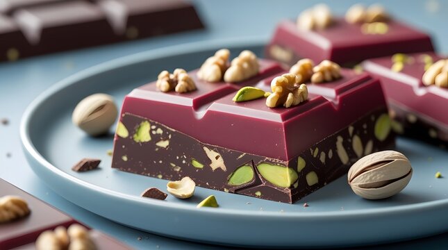 Closeup shot of bars of sweet ruby chocolate with walnuts and pistachios presented on light blue plate. Suggested serving concept. Focus on the foreground with dark chocolate in the background.
