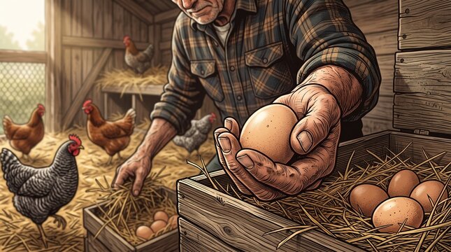 Farmer holding a fresh chicken egg in hand inside a rustic wooden barn with free range hens in the background, rural lifestyle.