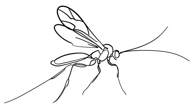 Black and white fly illustration on white background.