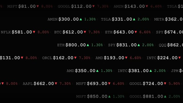 Stock market ticker board display with rising and falling stock prices