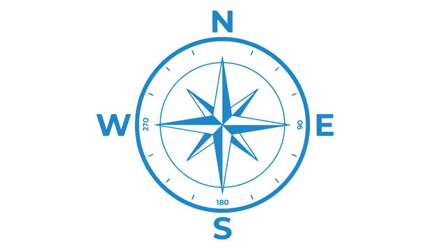 blue compass rose with cardinal directions on white background