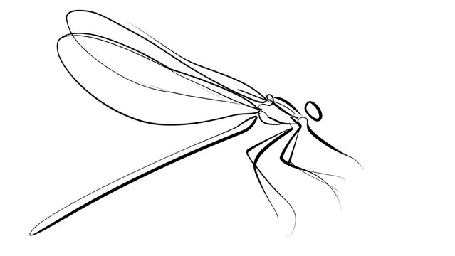 Minimalist dragonfly line art on white background.