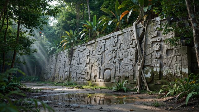 Long Mayan stone mural wall with intricate Olmec or Aztec style carvings amidst lush jungle setting