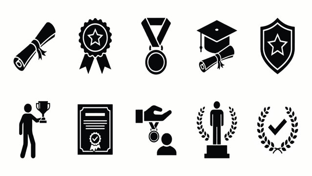 Collection of achievement and award icons in black on white background