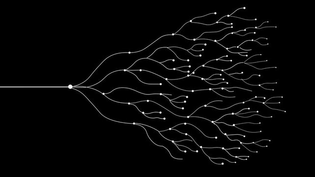 Process Flow Network Animation With Connected Branching Lines and Nodes On Black Background. 
Single Line Expanding Into Multiple Connected Branches. Process Flow, Data Structure, System Architecture,