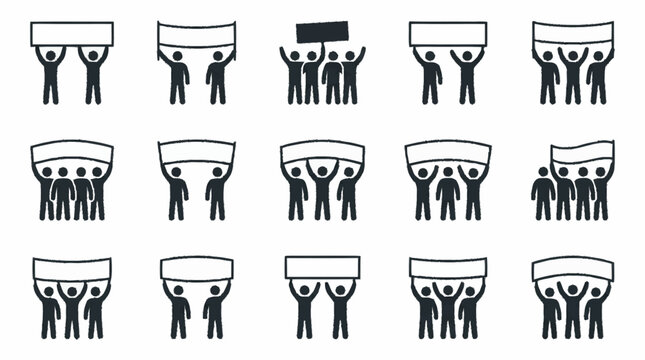 Protestors holding blank banners and signs, crowd demonstration icons