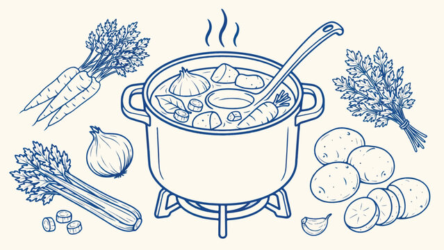 hearty vegetable stew ingredients and cooking pot in a rustic sketch style with a ladle