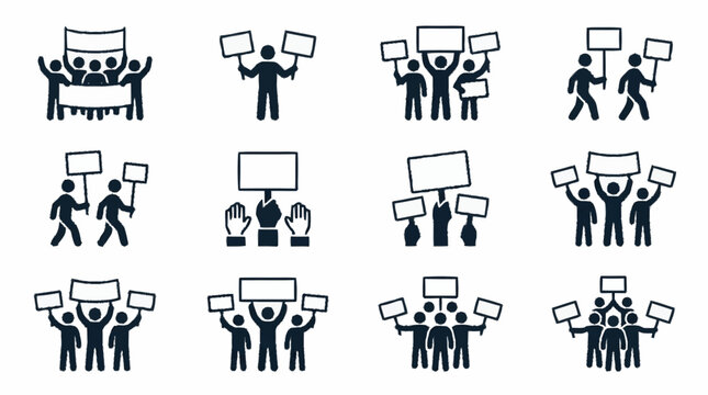 Protest Crowd Icons: Silhouette Figures with Signs and Banners