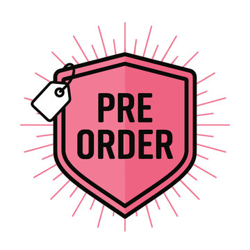 Flat design vector illustration featuring a pink shield-shaped badge with "PRE ORDER" text, ideal for e-commerce, product launches, or promotional banners