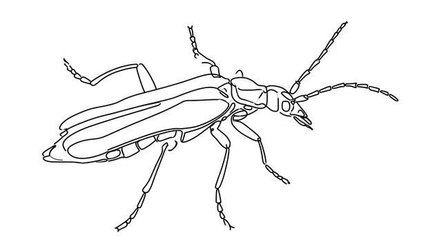Detailed insect line drawing on white background.