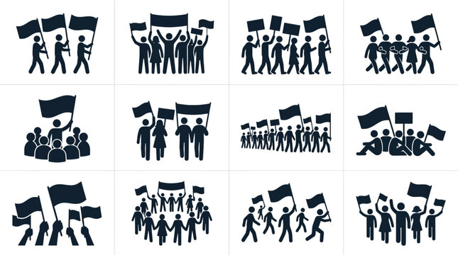 Protest Crowd Silhouette Icons: Demonstration, Rally, Activism, Marching People with Flags and Banners