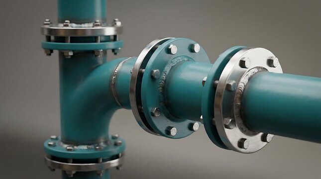 Close up of teal industrial pipe connection with steel flanges and bolts against a neutral grey background, showing mechanical engineering detail