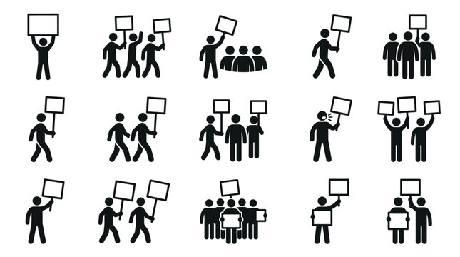 Protest Icons: People Holding Blank Signs in Demonstration