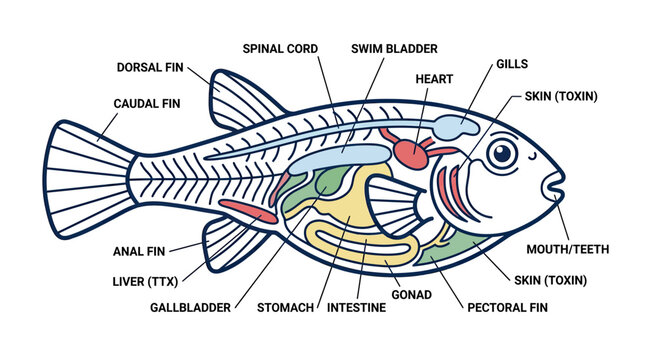 Diagram of Fish Anatomy: Internal Organs and Fins Labeled