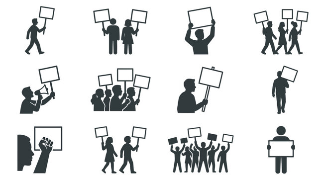 Protest Crowd Icons: People Marching with Signs and Megaphones