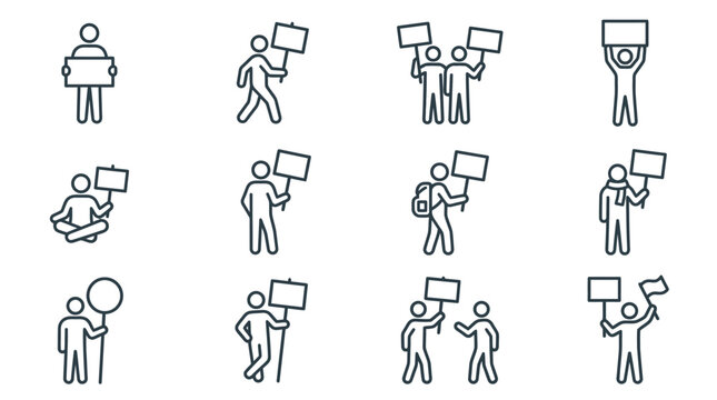 Protestors holding signs, illustration icons of people demonstrating and marching with banners
