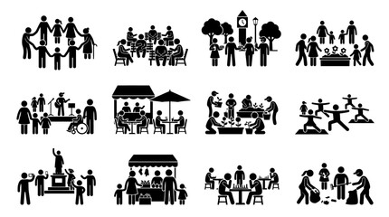 Obraz premium Diverse Community Activities Icon Set: People Enjoying Park, Market, Yoga, and Music