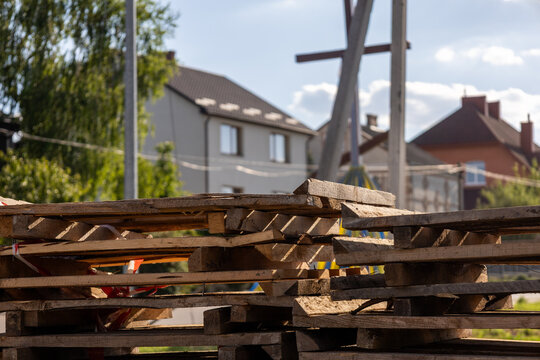 Pallets stacked in a home construction site