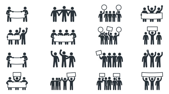 Protest crowd icons: people with banners, signs, and raised fists