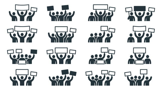 Protest Crowd Icons: Group of Silhouettes Holding Signs and Banners