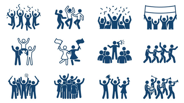 Crowd Celebration Icons: People Cheering, Dancing, Protesting, and Marching with Banners and Megaphones