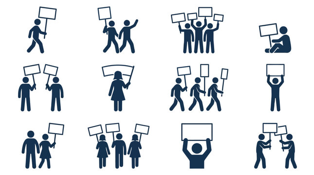 Protest Crowd Icons: Diverse People Holding Signs for Demonstration, Rally, and Activism