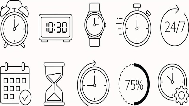 line style various time and schedule icons  alarm clock digital watch calendar